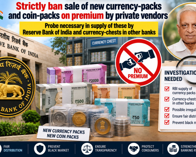 Strictly ban sale of new currency-packs and coin-packs on premium by private vendors – Probe necessary in supply of these by Reserve Bank of India and currency-chests in other banks
