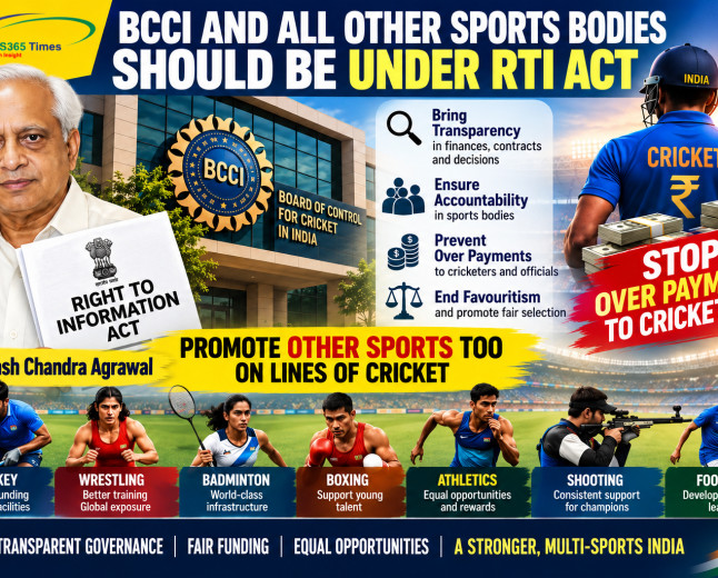 BCCI and all other Sports Bodies should be under RTI Act: Promote other sports too on lines of cricket: Prevent over payments to cricketers
